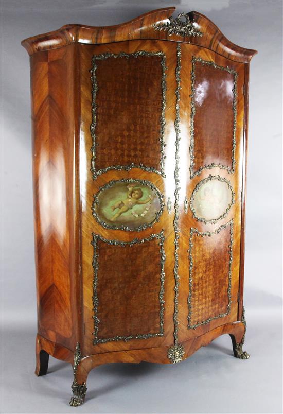 A pair of early 20th century French kingwood and parquetry serpentine armoires, W.5ft 6in. D.1ft 10in. H.7ft 6in.